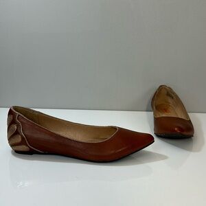 Miz Mooz Chestnut Leather Pointed-Toe Flats with Gold Heel Detail